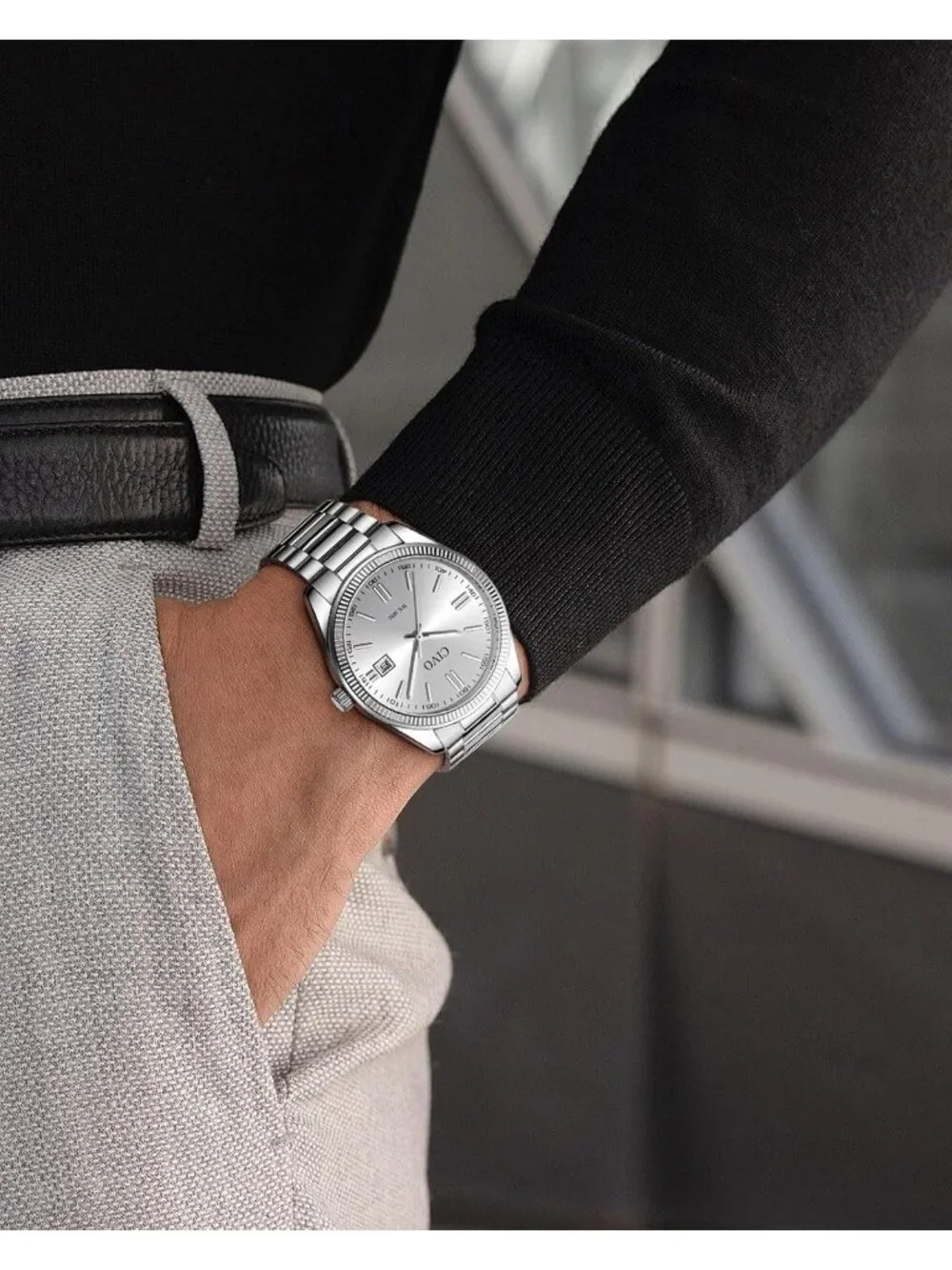 Men's Silver Analog Quartz Skeleton Stainless Steel Strap Casual Wrist Watch